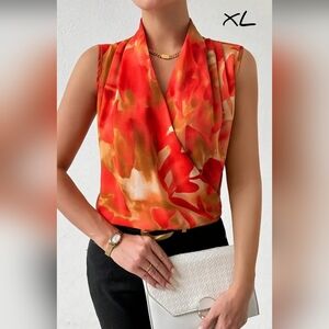 Beeautiful orange floral crossover blouse, XL. **FREE jewelry set!